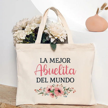 Spanish Abuela Quote Tote Bag Vibrant Shoulder Handbag with Heart Ribbon Design Perfect for Mother’s Day & Grandma Appreciation