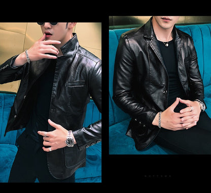 Spring/Autumn Leather Jacket - Plus Size Men's Youth Suit Collar Business Casual Leather Jacket European Sizes XS-3XL