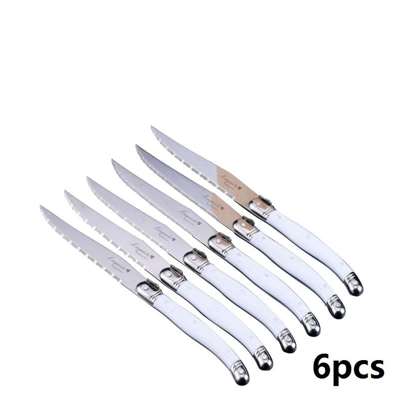 Conjunto de Facas de Churrasco Laguiole em Aço Inoxidável 6/7 Peças, Facas de Churrasco com Suporte de Madeira, Faca de Jantar de Aço, Conjunto de Talheres Coloridos de Natal