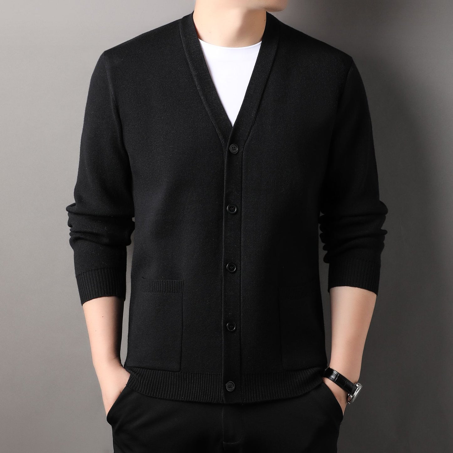 Designer Quality Men's V-Neck Knit Cardigan Autumn Winter New Solid Color Double Pocket Sweater Coat Casual Commute Menswear Top