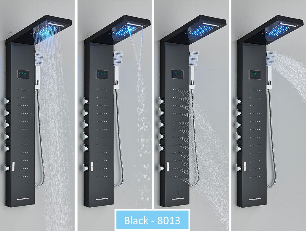 Sistema de Torre de Painel de Chuveiro de LED Coluna de Chuveiro de Cascata de Chuva com Tela LCD de Hidroeletricidade com Torneira de Chuveiro de Spa de Corpo com Massagem