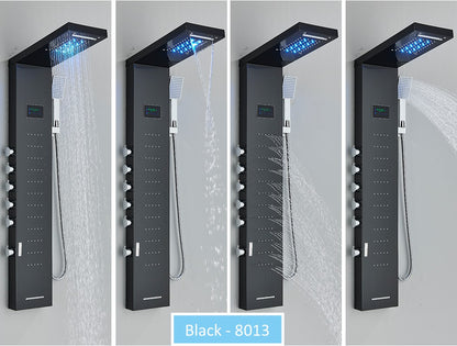 Sistema de Torre de Painel de Chuveiro de LED Coluna de Chuveiro de Cascata de Chuva com Tela LCD de Hidroeletricidade com Torneira de Chuveiro de Spa de Corpo com Massagem