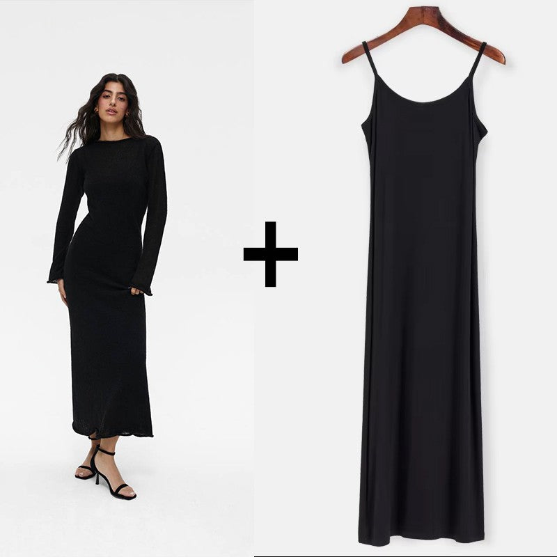 Hirsionsan Spring Autumn O-Neck Elastic Knit Long Dresses Women 2024 Elegant Chi