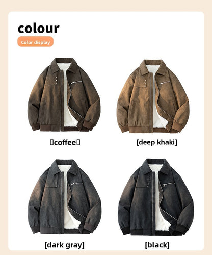 Jaqueta de Couro PU Masculina de Inverno, Grossa e Quente, Estilo Retrô, Gola Lapela, Casual, para Pesca ao Ar Livre, Tamanho Grande