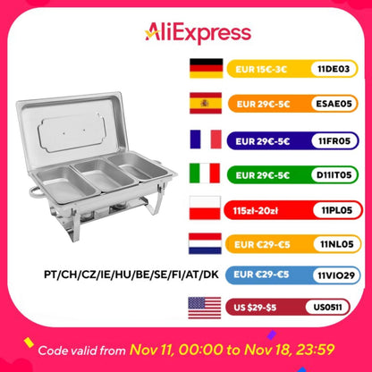 Chafing Dish Buffet Set 3 Grid Stainless Steel Rectangular Catering Chafer Warmer Set Buffet Dishes Warming Set 63.5*35.5*32cm