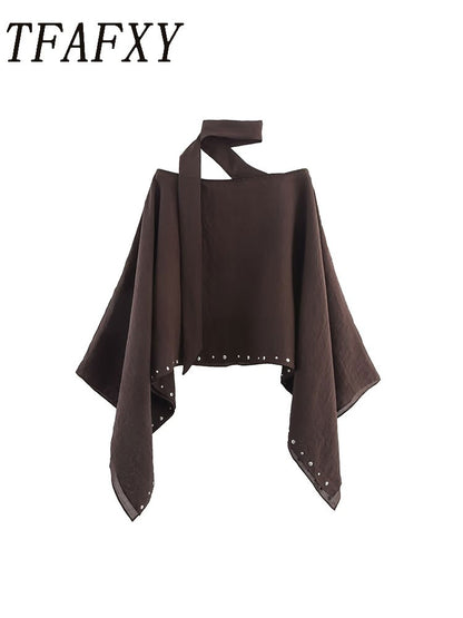TFAFXY 2025 Streetwear Chic Women Cloak Solid Rivet O-Neck Scarf Collar Long Sleeve Loose Cloak New Fashion Outwear