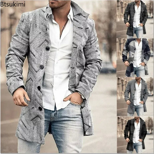 2025 Men's Casual Wool Blends Jacket Plaid Print Long Sleeve Buttoned Jackets Coats Tops Male Warm Outerwear Long Coats Men 4XL