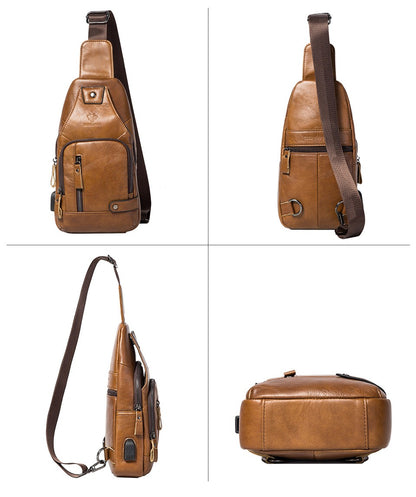 HUMERPAUL Men's Usb Chest Bag 100% Genuine Leather Crossbody Shoulder Bags Multifunction Travel Outdoor Messenger Pack Fashion