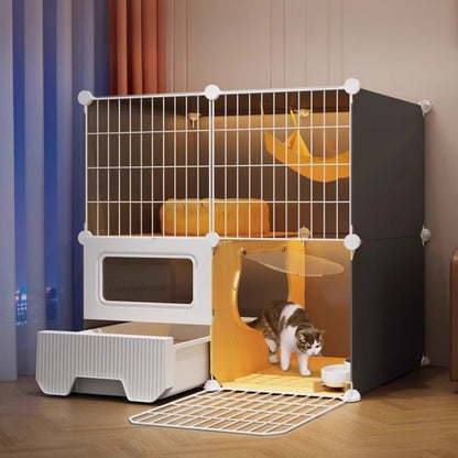 Gaiolas Grandes para Gatos com Cama e Caixa de Areia Casa de Gatos Interna de Vários Níveis Espaçosa Vila para Animais de Estimação 3 em 1 Cercadinho Espaçoso com Área de Descanso