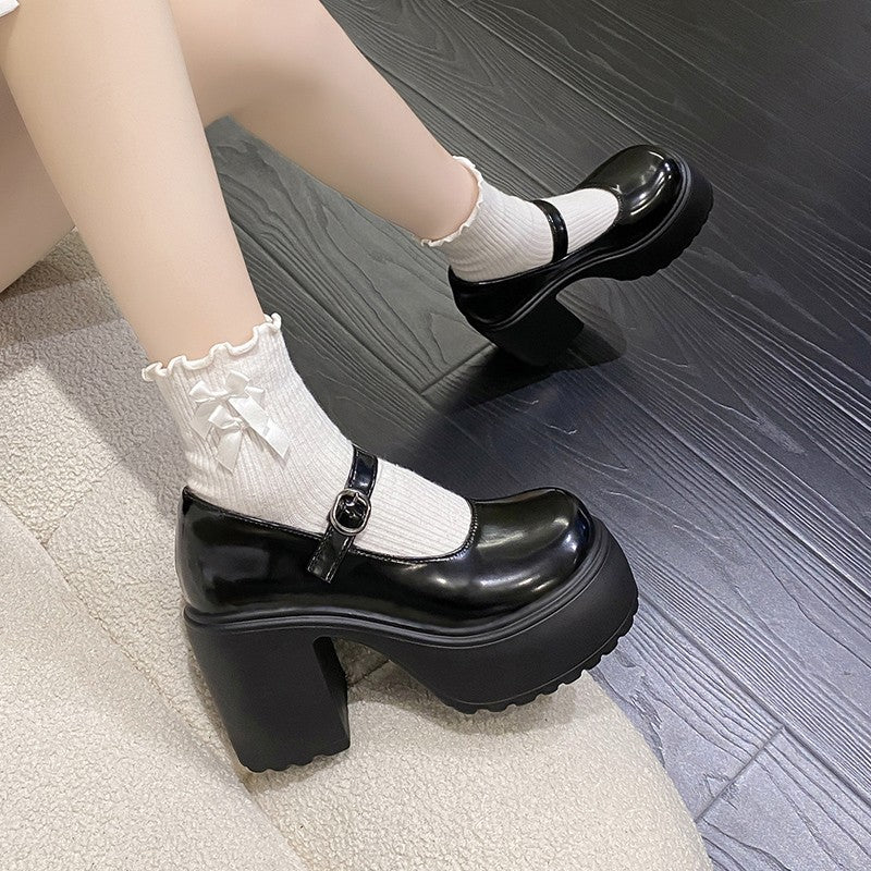 Sapatos femininos com salto plataforma grosso e alto, estilo Mary Jane, em couro PU, fivela no tornozelo, salto grosso, brancos, estilo Lolita, outono 2023