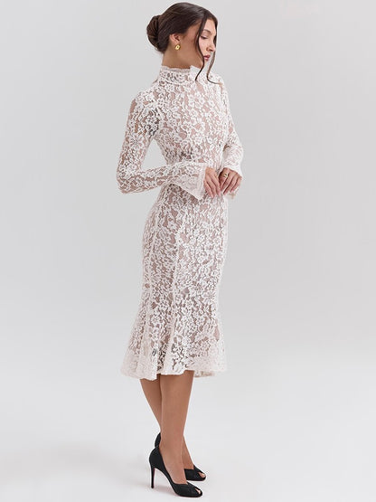 Mozision Lace Long Sleeve Sexy Midi Dress For Women Elegant White Half High Coll