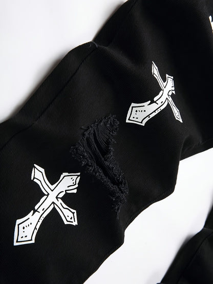High street black youth cross print elastic hole patch tight jeans for men