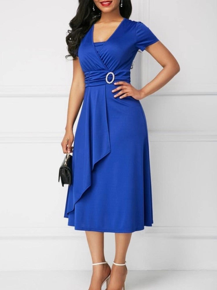 Summer Dresses Elegant Women Solid Color Short Sleeve V Neck Asymmetric Hem Wais