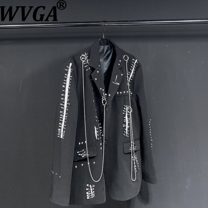 WVGA Autumn Winter New Man Tide Destroyed Metal Punk Rivet Chain Rock Suit Coat Niche Chic Casual Long Sleeved Blazer Ins W14182