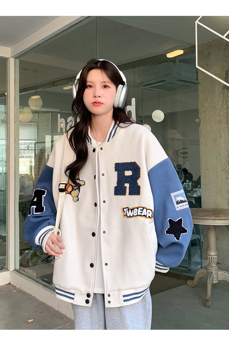 New Autumn and Winter Padded Baseball Jersey Women American Retro Loose Sweater Women Jacket