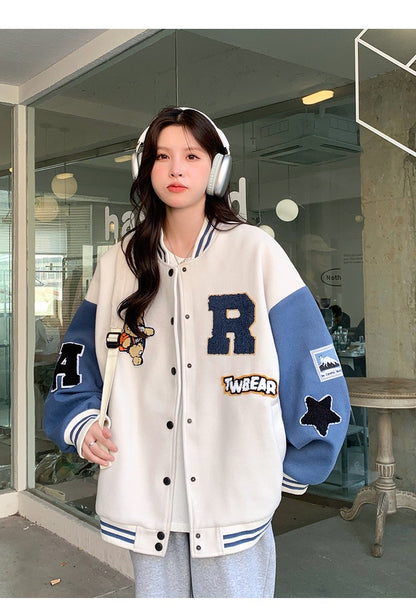 New Autumn and Winter Padded Baseball Jersey Women American Retro Loose Sweater Women Jacket