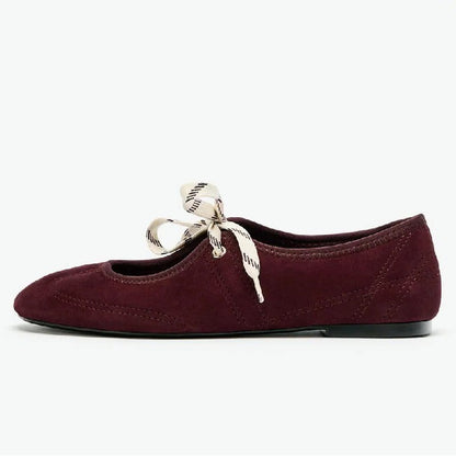 Fashion Lace Up Sewing Design Brand Ballet Flats Women High Quality Faux Suede Mary Jane Shoes Comfortable Round Toe Loafers