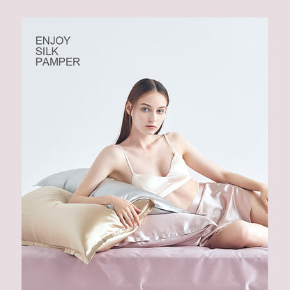 Lofuka Luxuoso Conjunto de Cama Cinza Escuro 100% Seda Pura Capa de Edredom Lençol Fronha para Sono Saudável Casal Queen King