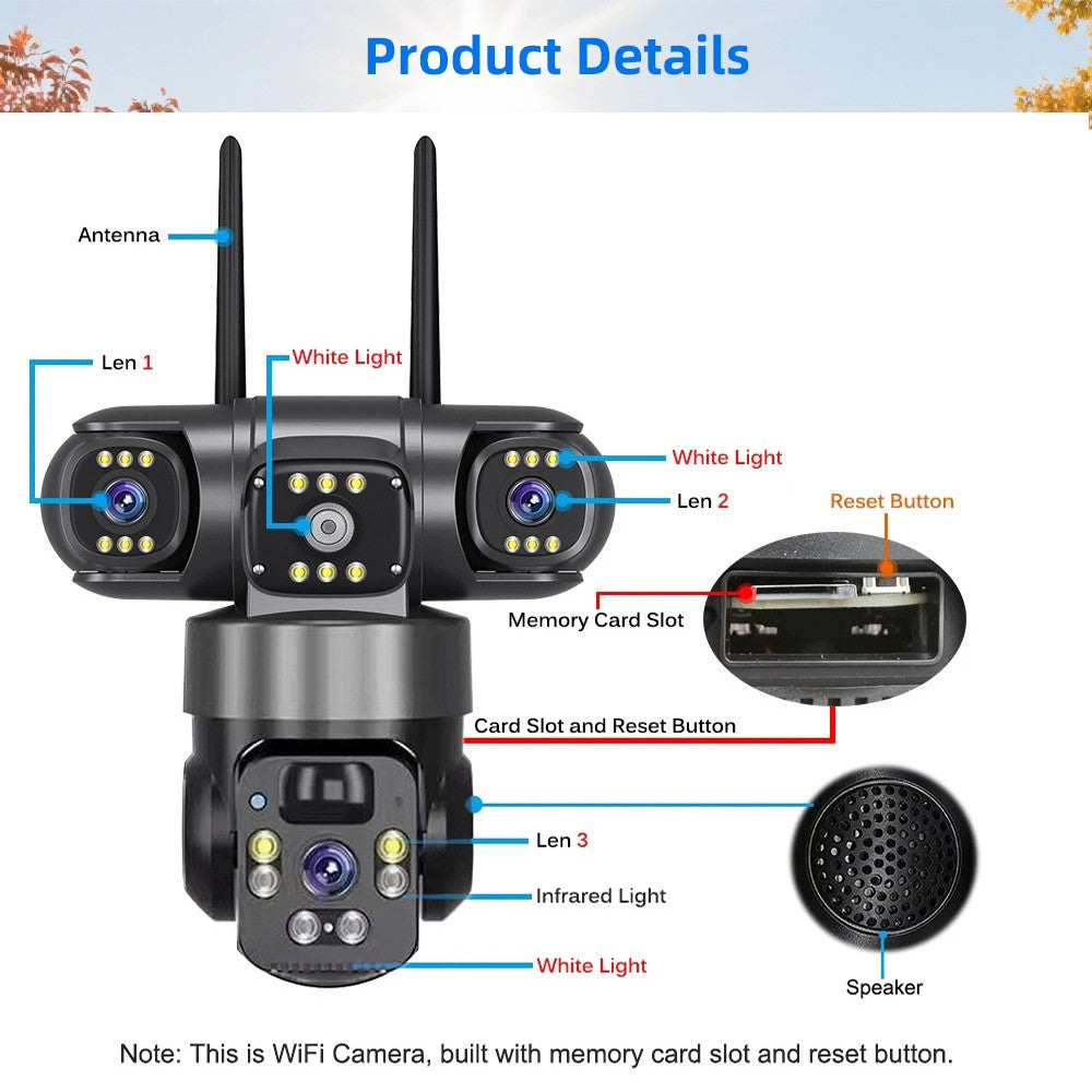 Câmera Solar WiFi Full HD 9MP 3 Telas 3 Lentes Zoom 10X Câmera com Detecção Humana PIR Vigilância Visão Noturna Proteção de Segurança