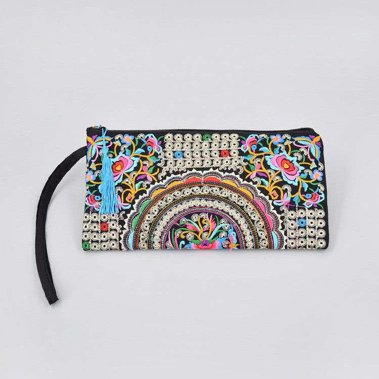 Vintage Ethnic Style Embroidered Long Wallet Wristlet Clutch Bag with Flower Fabric and Phone Pocket