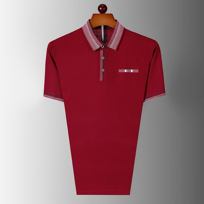 Summer men's short sleeved pure cotton lapel T-shirt polo shirt, middle-aged and elderly loose casual striped T-shirt