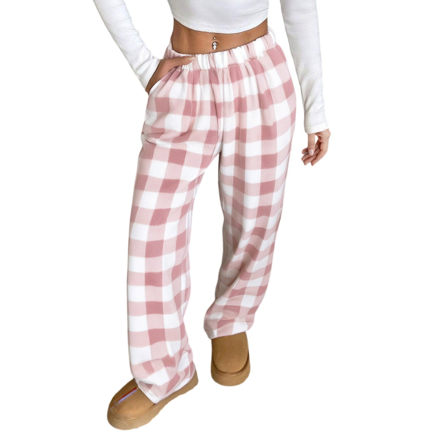 Women Pajama Pants Yoga Pants Elastic Waist Fuzzy Fleece Plaid Bottoms Soft Lounge Sleepwear With Pockets Plush Pajamas Pants