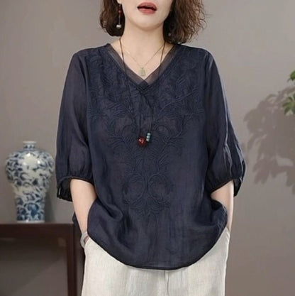 Summer New Literary Vintage Embroidery Cotton Linen Shirt Ladies Half Sleeve Loose Casual Fashion Blouse Women's Clothing Tops