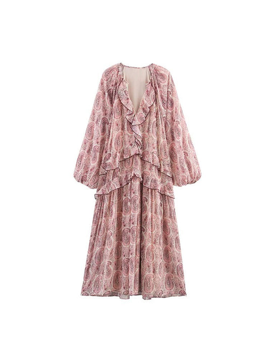 2025 Women Summer MIDI Dress Vintage Print Chiffon V-Neck Cascading Ruffle Long