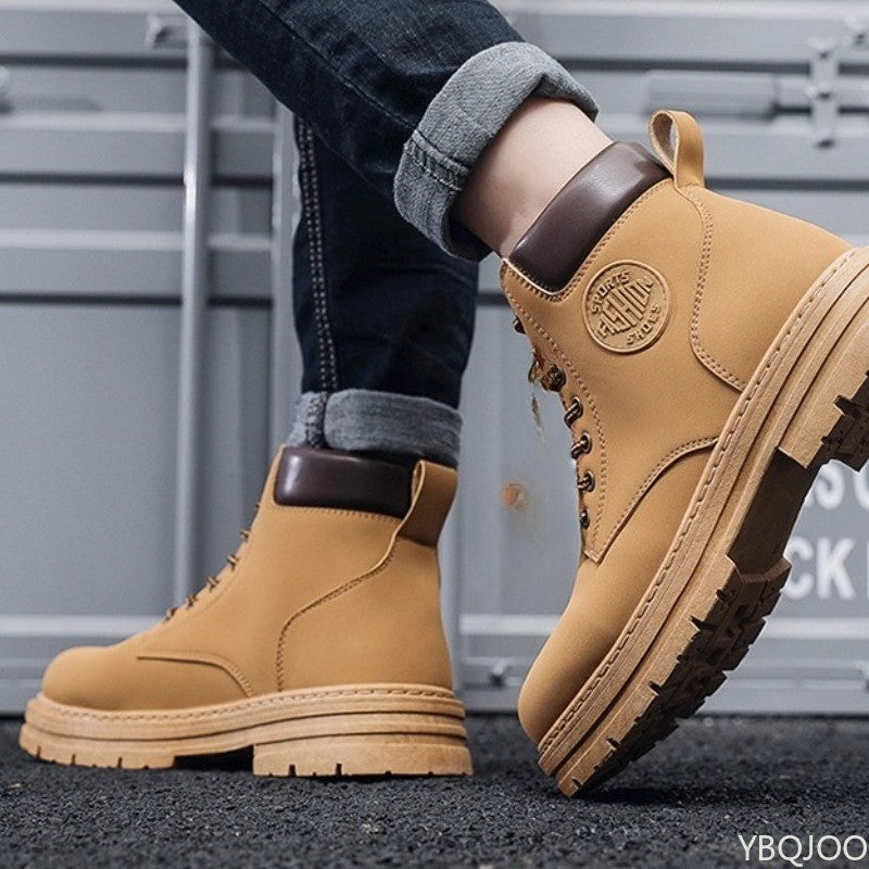Bota Masculina Cano Alto Aumento de Altura Sola Grossa Primavera Outono Tamanho Grande Tendência Nicho Versátil Antiderrapante Bota Curta