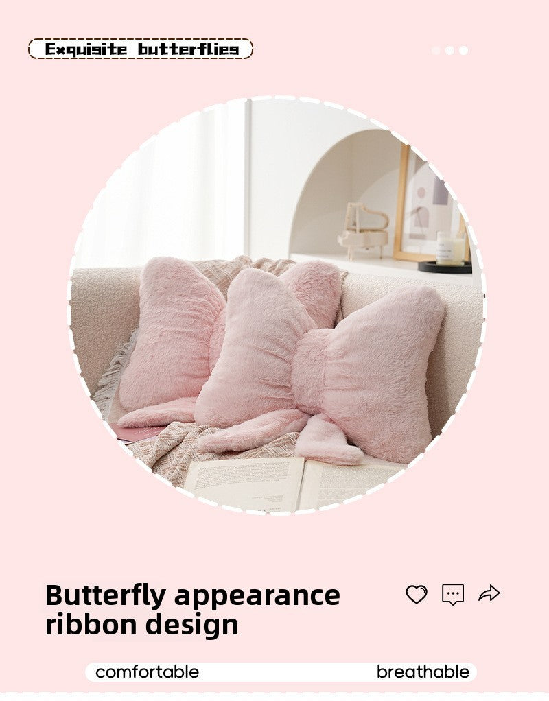 Pink bow ribbon couch pillow imitation rabbit fur comfortable car seat cushion ins style simple all-match back cushion