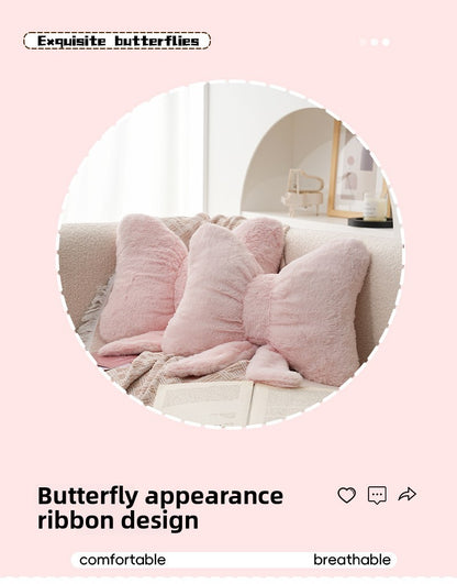 Pink bow ribbon couch pillow imitation rabbit fur comfortable car seat cushion ins style simple all-match back cushion