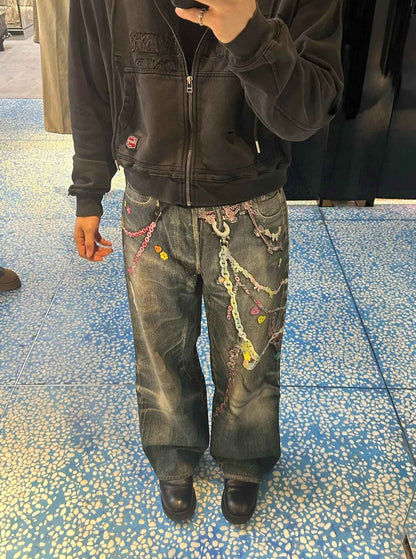 Calça Jeans Casual Unissex com Estampa Digital 3D de Corrente de Doce Estilo American High Street, com Efeito Desgastado e Perna Reta