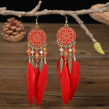 Brincos femininos longos de pena estilo boho, praia, com borla longa, miçangas, flores artesanais esmaltadas, para noiva, casamento, Pendientes Mujer