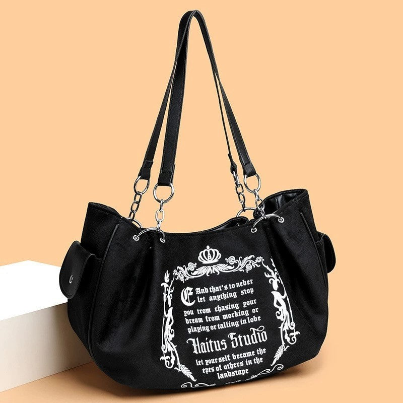 Letter Print Faux Suede Women Handbag Shoulder Bag, Retro Large Capacity Tote Bag for Daily Commuting and Hand-Carry.Pumpkin Bag