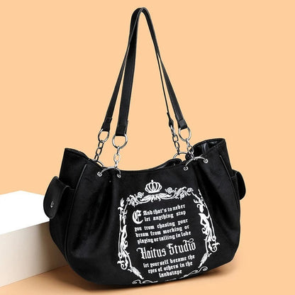 Letter Print Faux Suede Women Handbag Shoulder Bag, Retro Large Capacity Tote Bag for Daily Commuting and Hand-Carry.Pumpkin Bag