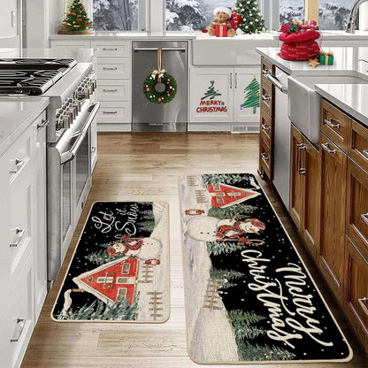 VIKAMA 2-Piece Christmas Festival Rug Set Kitchen Mat Combo, Entrance Hall Doormat Stain-Resistant and Easy-Care Home Decor