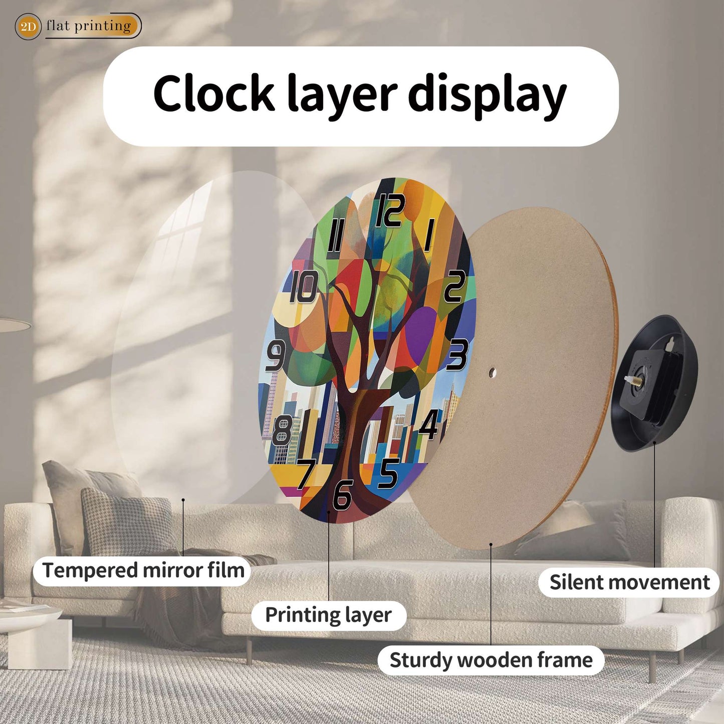 Geometric Abstract Tree Wall Clock, Colorful Cityscape Backdrop, Modern Art Urban Nature Fusion Home Decor