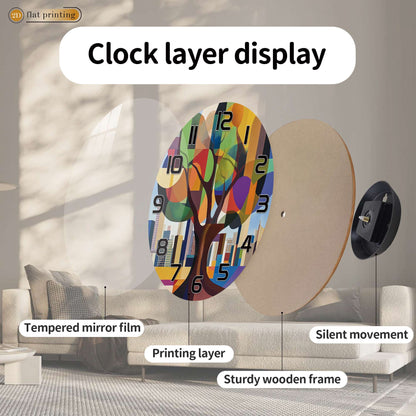Geometric Abstract Tree Wall Clock, Colorful Cityscape Backdrop, Modern Art Urban Nature Fusion Home Decor