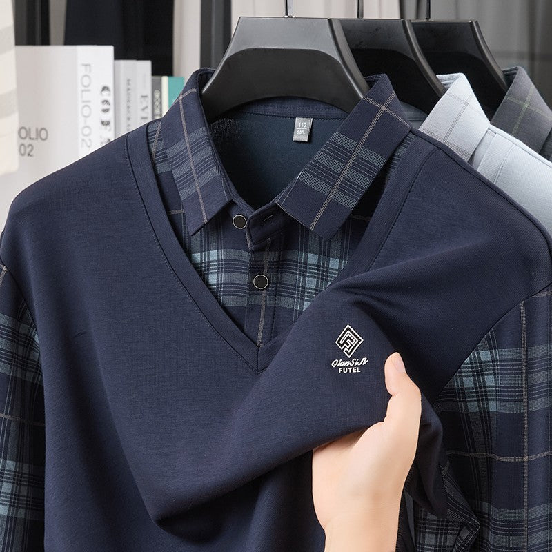 TFETTERS Business Men Polo Shirt 2025 Fashion Casual Slim Long Sleeve T Shirt Men Pullover Printed Plaid Shirts for Man Clothing