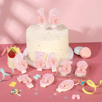Pink Bow Number Candle Glitter Candle Cake Topper 0-9 for Birthday Anniversary Party Cake Decoration Gifts