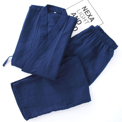 Men's Cotton Kimono Robes Pajamas Clothes Thin Spring and Autumn Black and Navy Colors Home Clothes Loose Casual Men Robe Sets