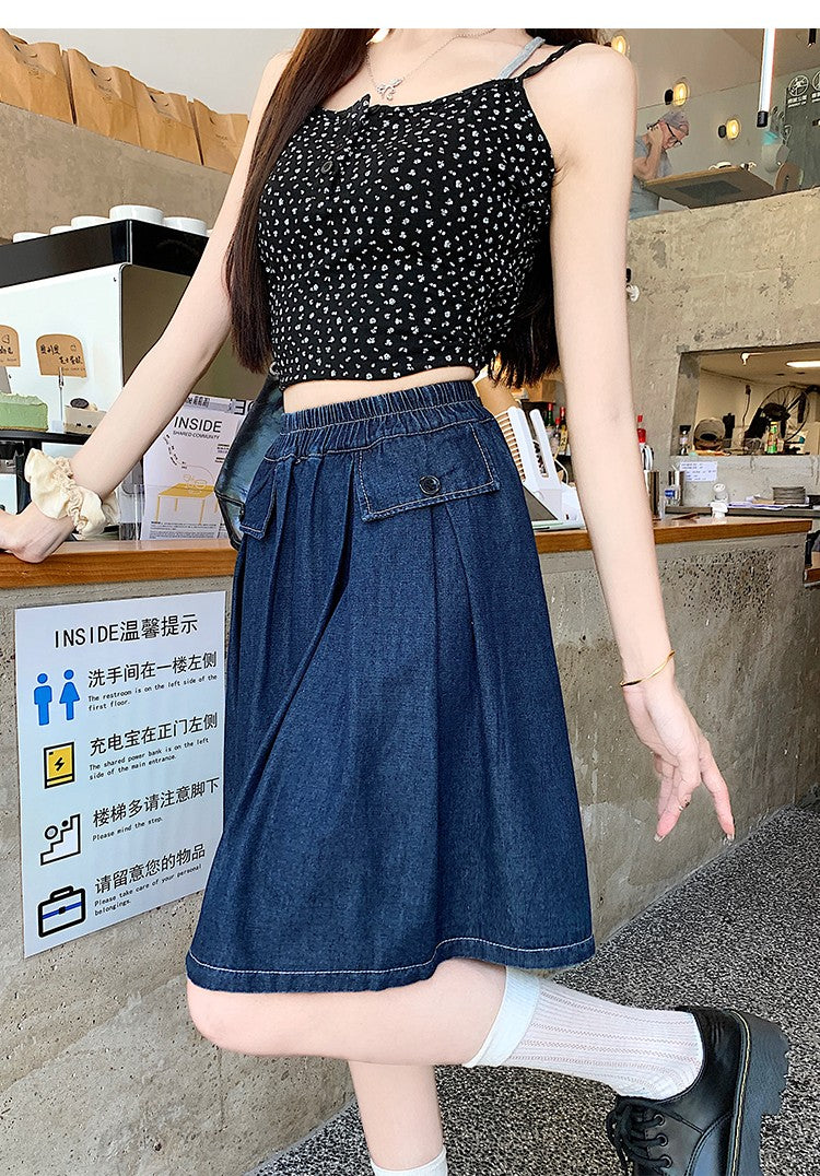 Casual Summer Plus Size Midi Denim Skirts Woman Preppy Loose A-line Ruffles Skirt With Shorts Elastic Waist Jeans Skirts Women