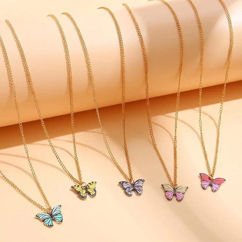 Conjunto de 5 Colares Femininos Borboleta Colorida Estilo Boho Moderno Coreano Pingente Fofo Joia de Presente Atacado Lançamento 2024
