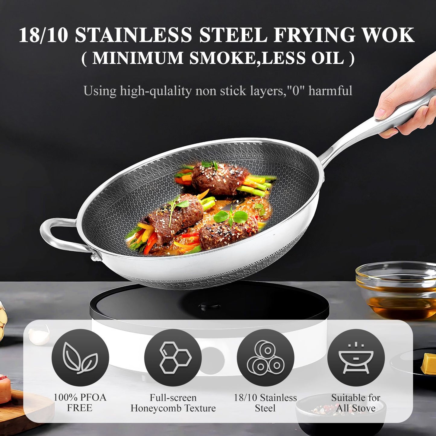 Wok pan,Hybrid 13 inch Wok with Lid, PFOA Free Cookware,non stick Stainless Steel Woks & Stir-fry pans Nonstick