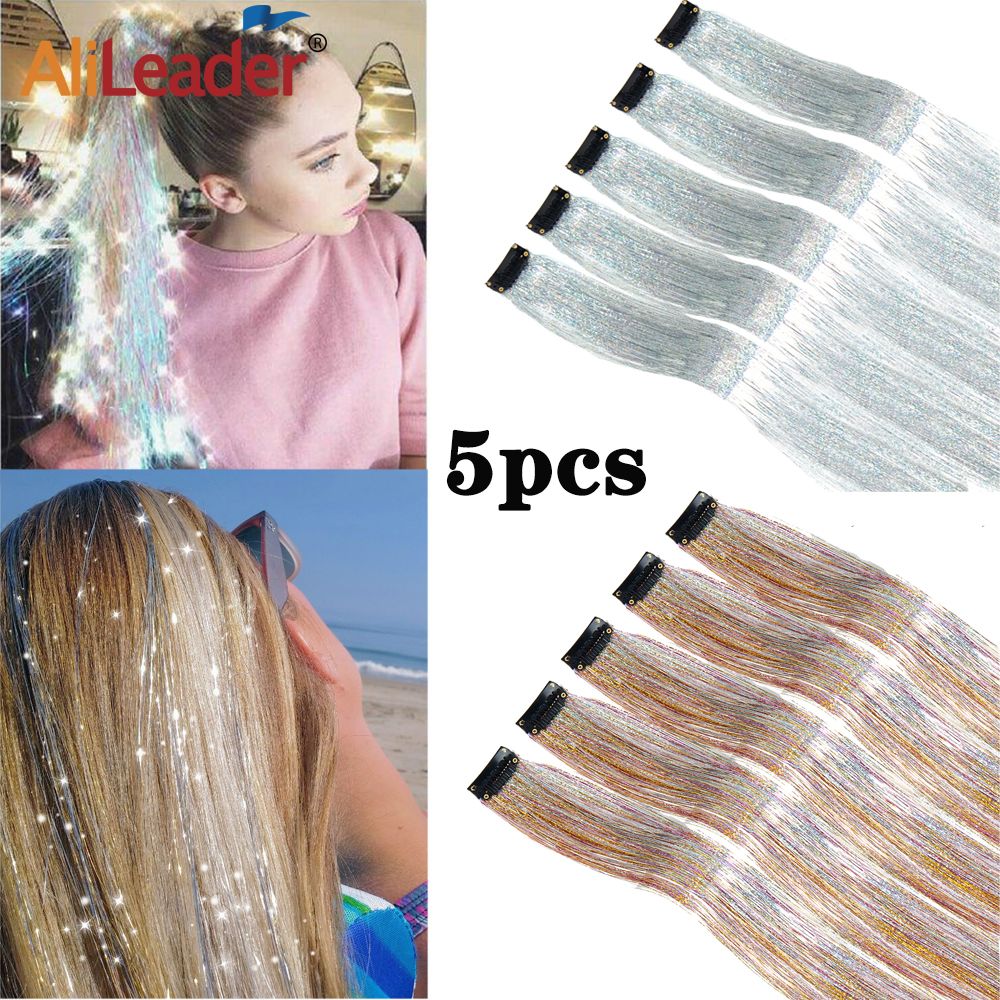 Presilha de Extensão de Cabelo Brilhante Fio de Cabelo Cintilante Glitter Fada Kit Fio de Cabelo Resistente ao Calor 5 Peças Fio de Cabelo Sintético