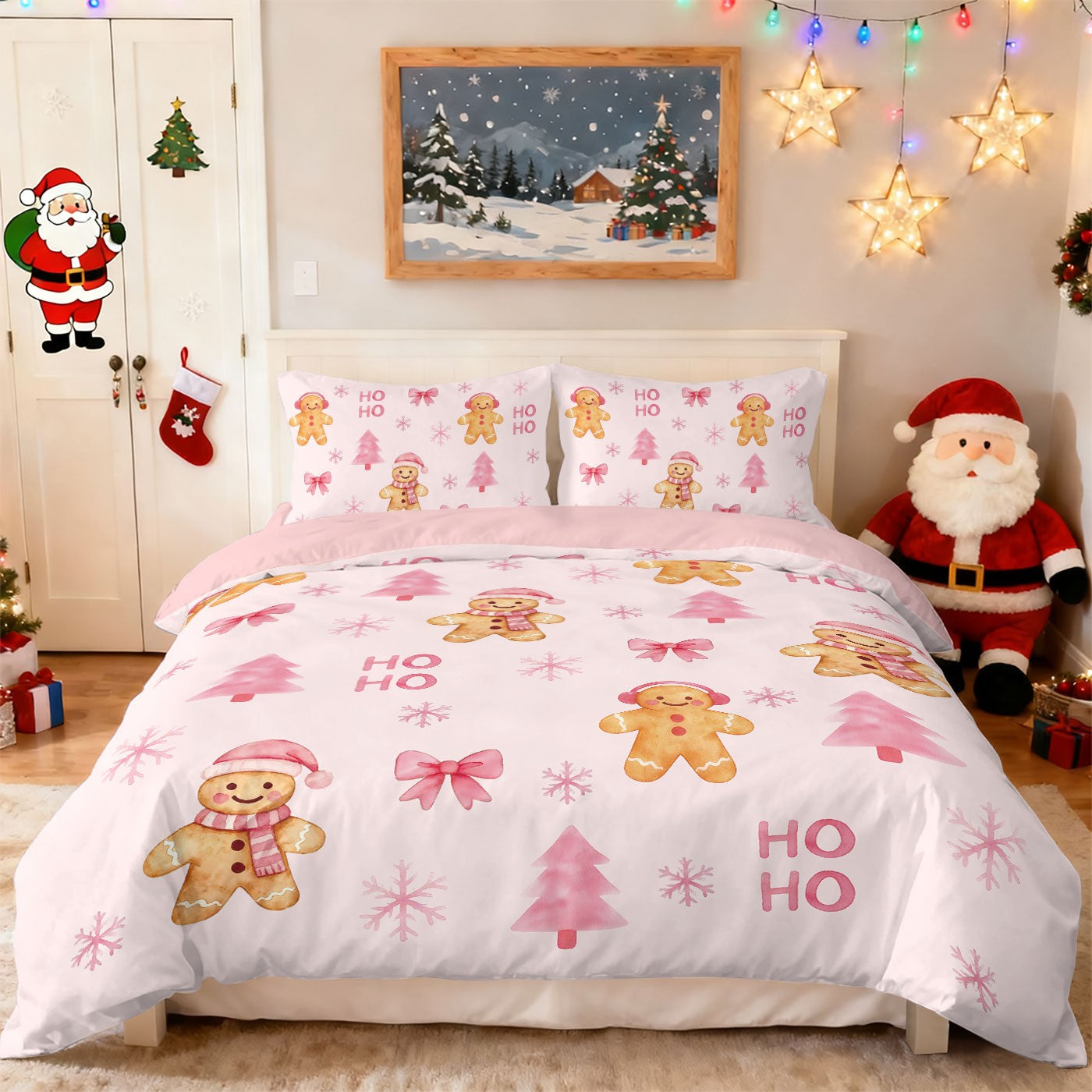 3pcs pink Merry Christmas gingerbread printed coreless bedding set multi size bedroom bedding holiday decoration comfortable