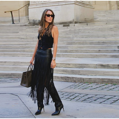 Tassel Leather Midi Skirt Women Solid High Street High-waist A-line Bodycon Long Skirts Spring Summer 2026 Chic All-match Outfit