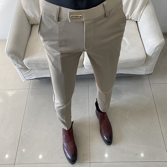 Men Suit Pant 2025 Autumn Solid Elastic Waist Dress Pants Calça Masculina Men Slim Business Office Social Ankle Length Trousers