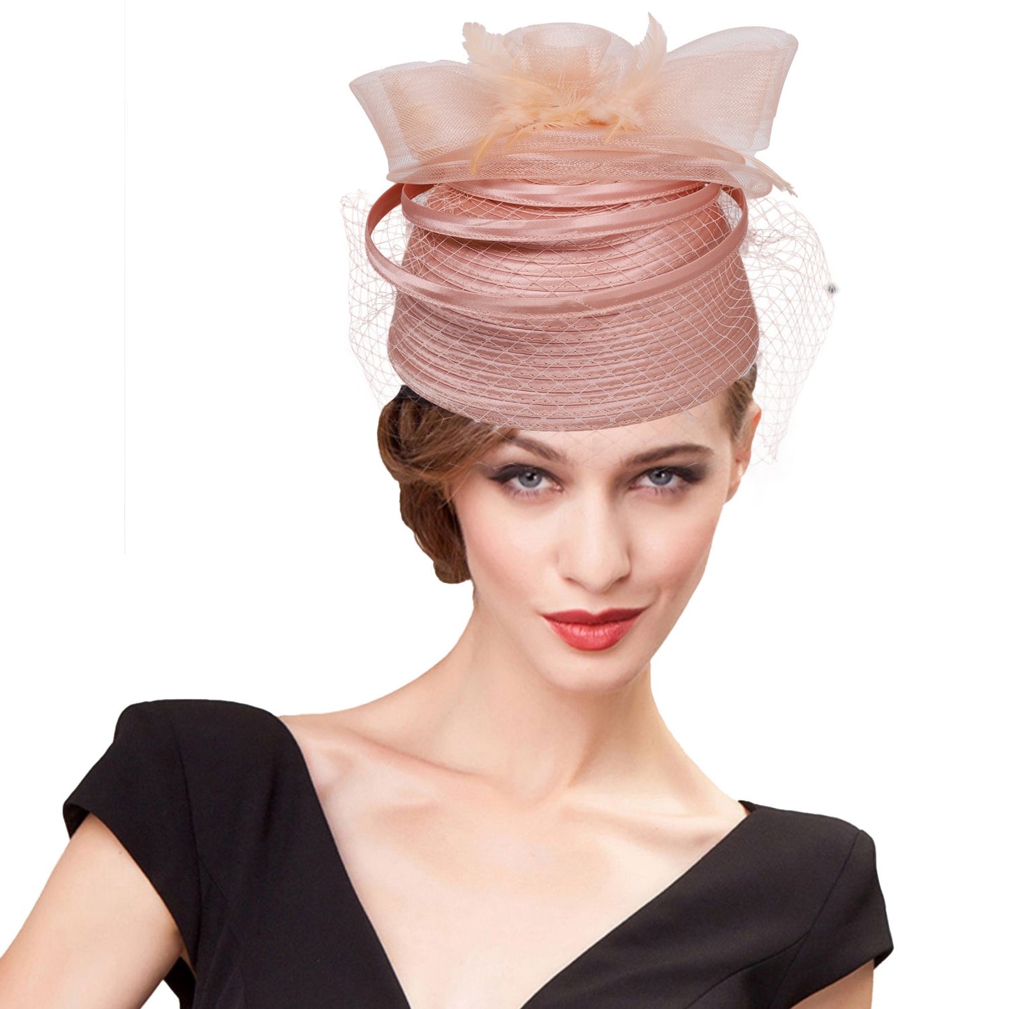 FS Casamento Igreja Chapéus Vermelhos Fascinadores Para Mulheres Com Véu de Pena Festa Coquetel Adorno de Cabeça 2025 Senhora Elegante Chapéu Kentucky Derby
