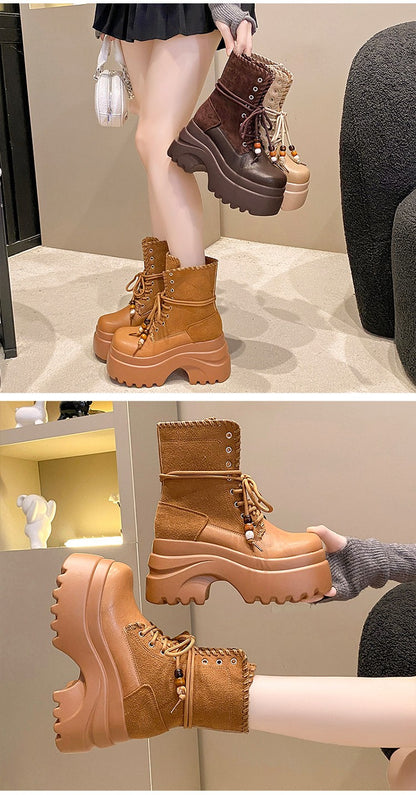 High Platform Women Motorcycle Boots 9CM Wedge Heels Walking Ankle Shoes New 2025 Autumn Winter Lace-up Modern Short Booties